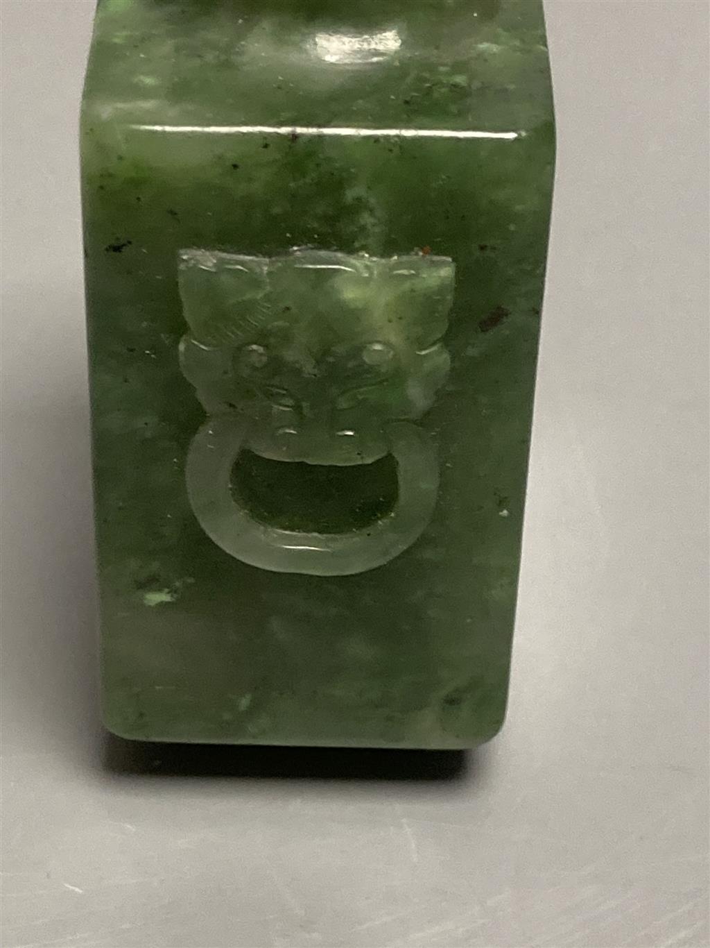 A good Chinese spinach green jade rectangular snuff bottle, 18th/19th century, total height 6.8cm